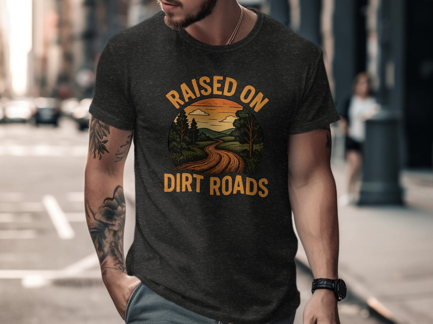 Raised On Dirt Roads Country Graphic Image Design T-Shirt