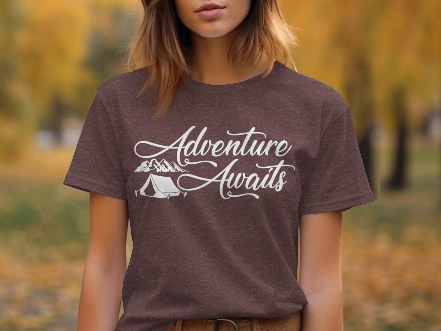 Adventure Awaits Tent Mountains Graphic Design T-Shirt