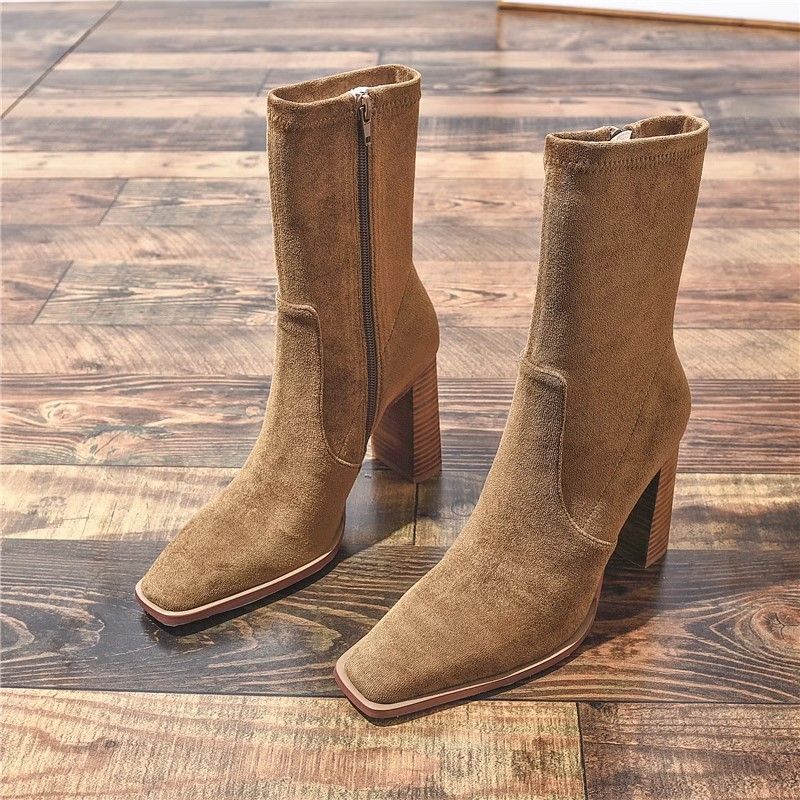 Square Toe Fleece-Lined French Boots – Chunky Heel Winter Style
