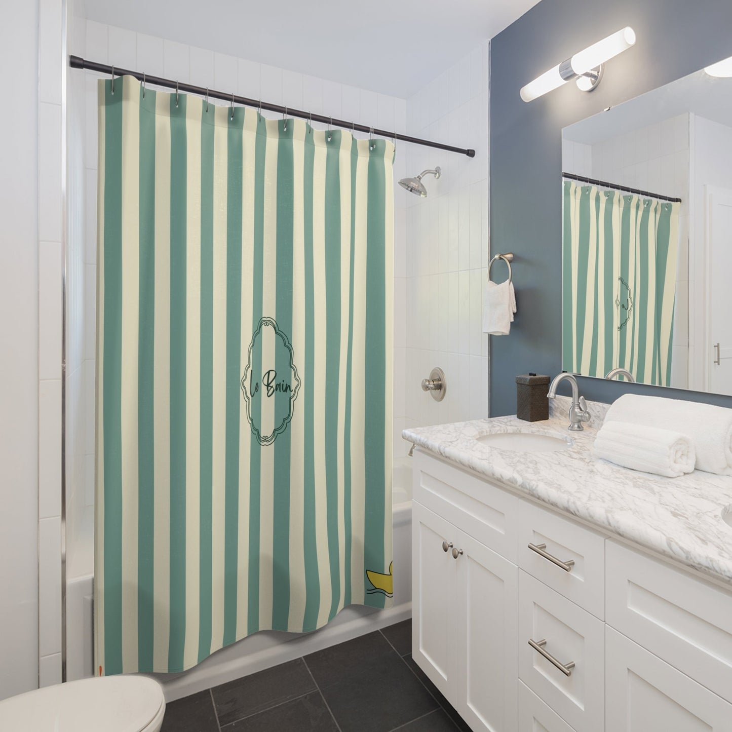 Striped Green/Cream Shower Curtain with Duck "Le Bain"  — French Kids Bathroom Decor