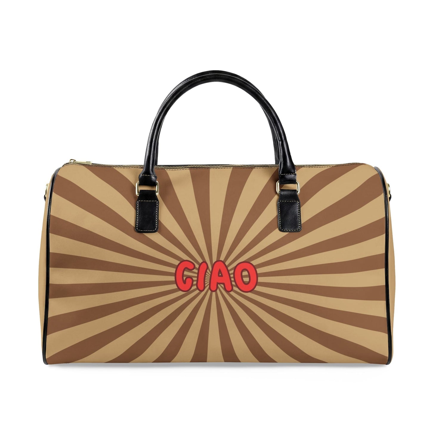 Chic Leather Travel Bag, Neutral — Retro Sunburst ‘CIAO’ Weekender Duffle