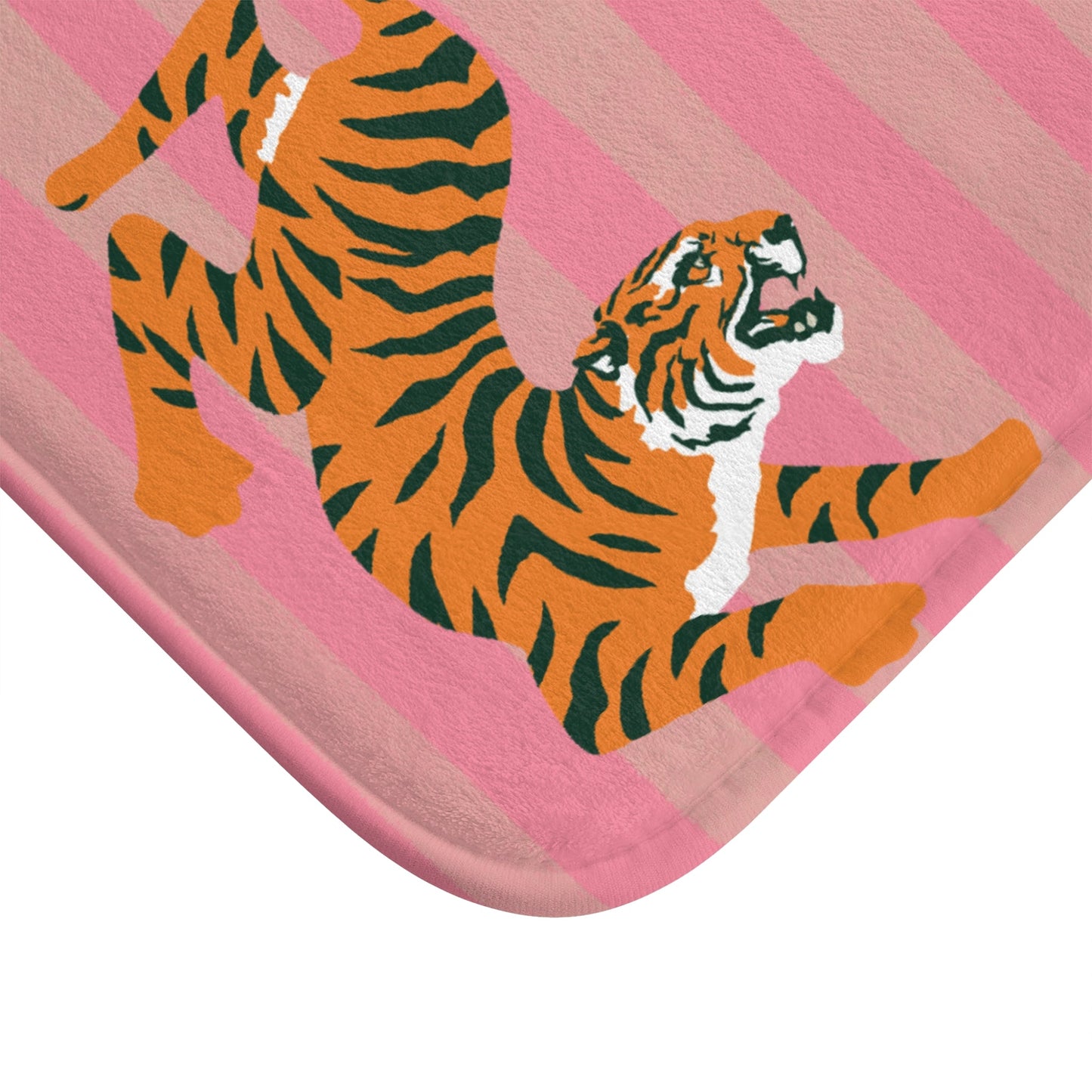 Fiercely Feminine Bath Mat - Pink Striped  Rug with Tigers