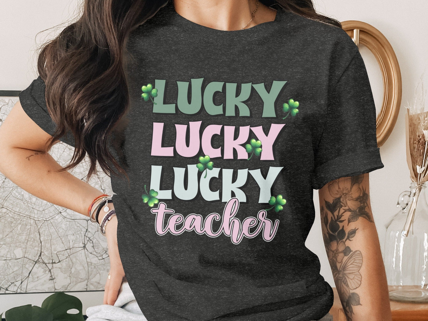 Lucky Lucky Lucky Teacher with Clovers St Patricks Day T-Shirt