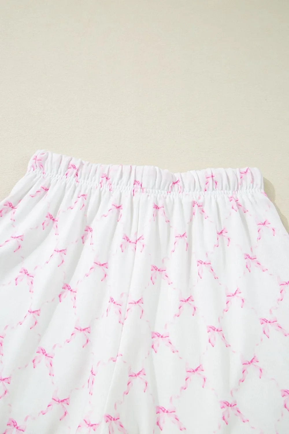Bow Print Lettuce Trim Round Neck Top and Shorts Lounge Set