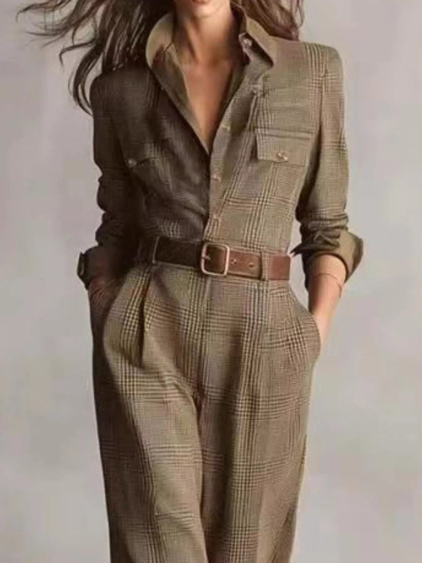 Button Front Long Sleeve Jumpsuit