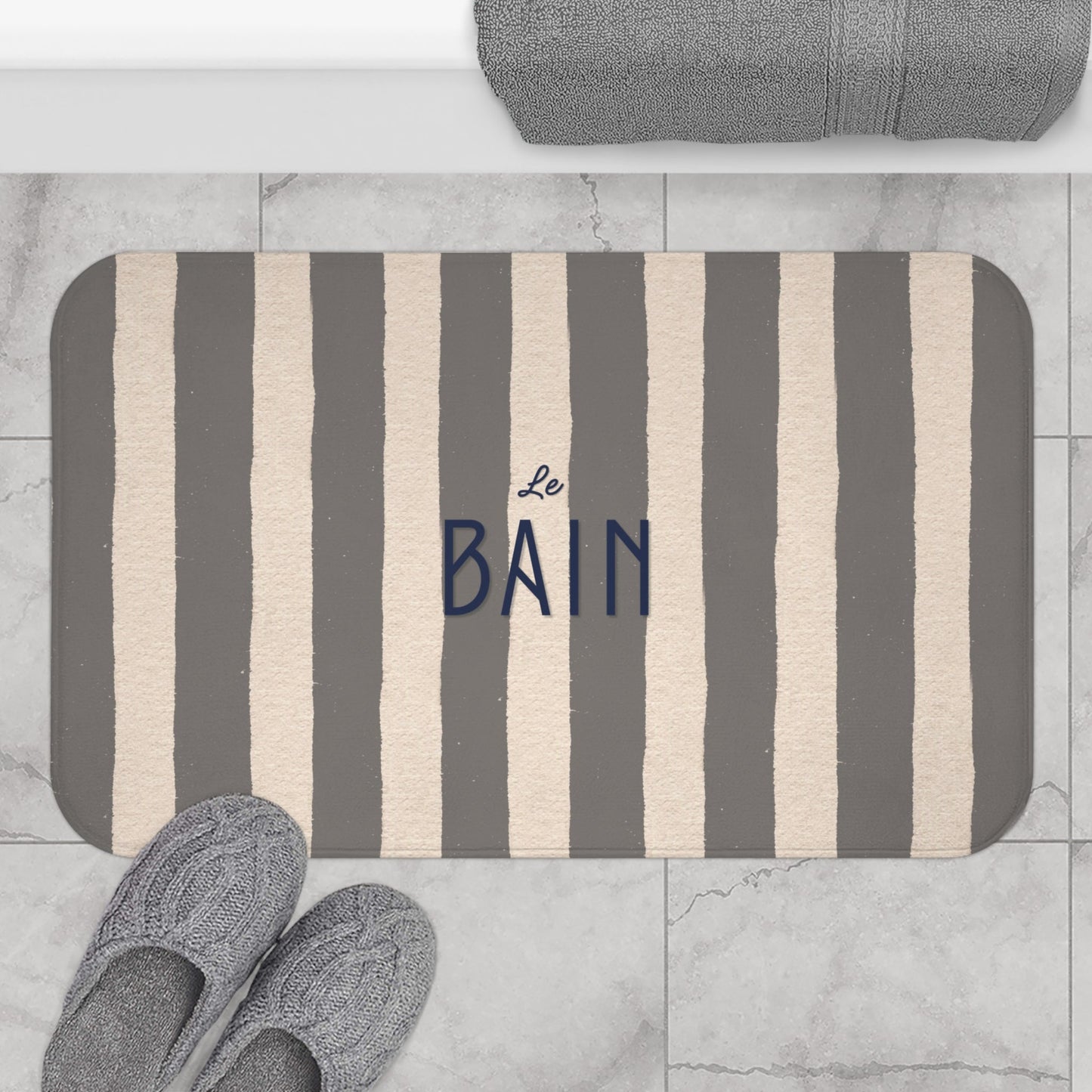 Le Bain Striped Bathroom Bath Mat — French Script, Neutral Grey & Cream