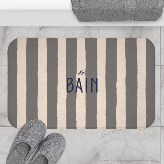 Le Bain Striped Bathroom Bath Mat — French Script, Neutral Grey & Cream