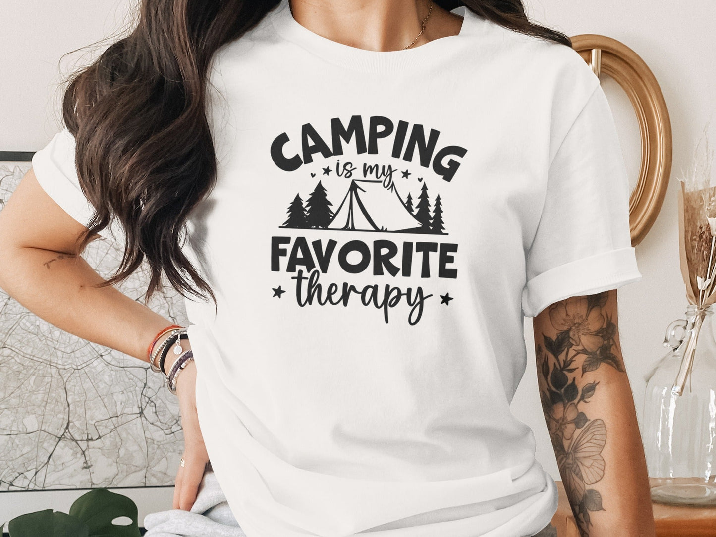 Camping Is My Favorite Therapy Black Text Design T-Shirt