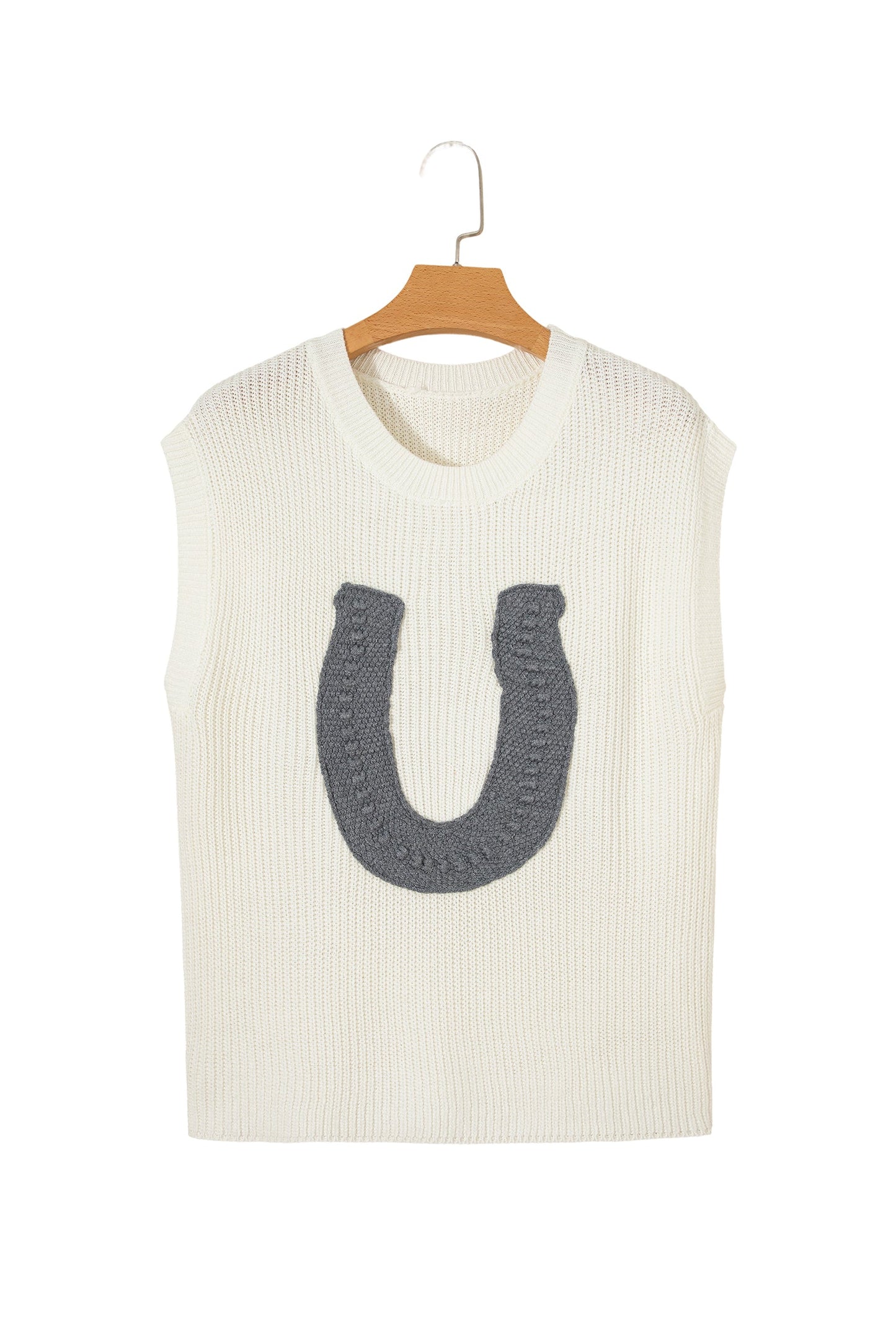 White Crochet Horseshoe Short Sleeve Knit Sweater