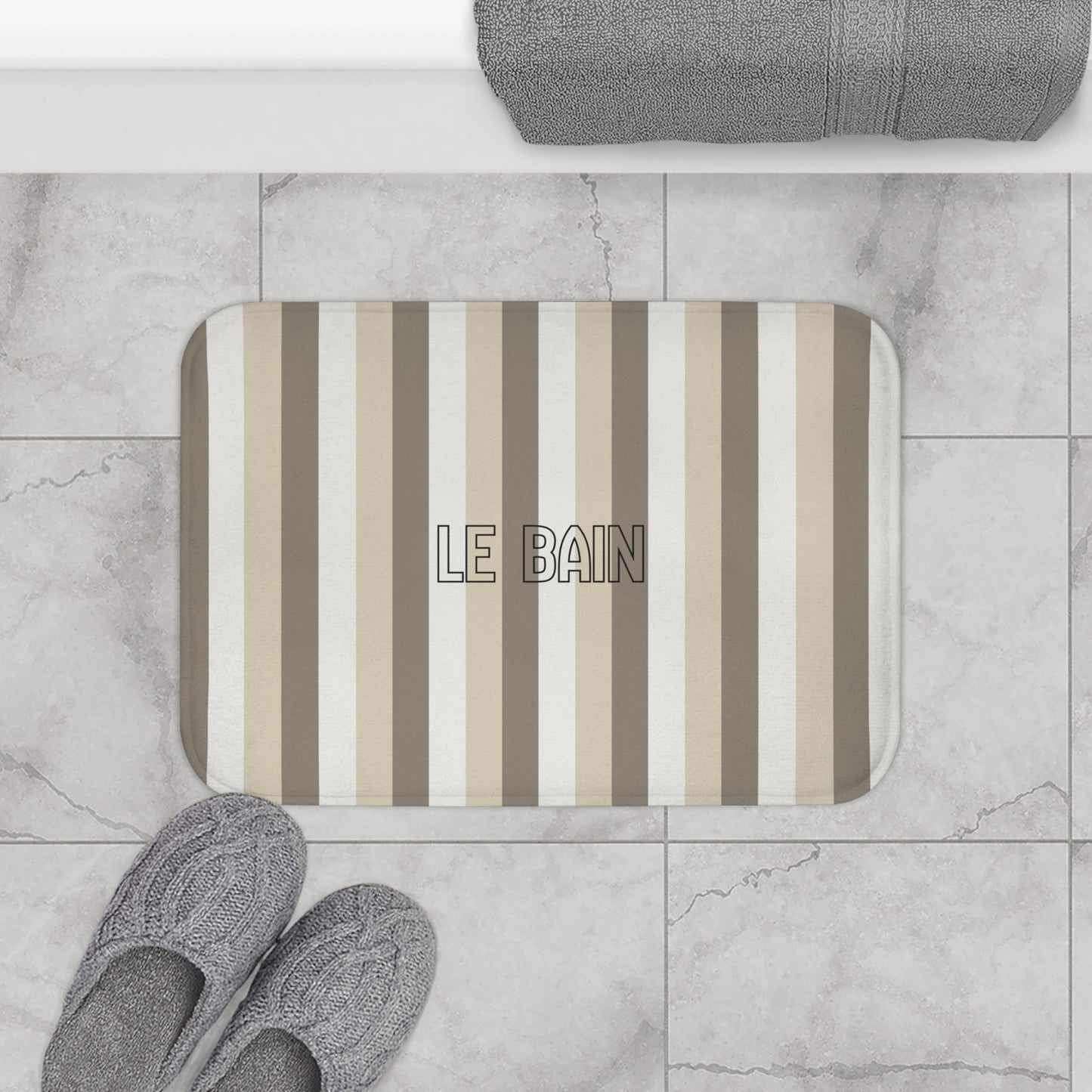 Le Bain Striped Bath Mat — Neutral Beige & Taupe Modern Bathroom Rug