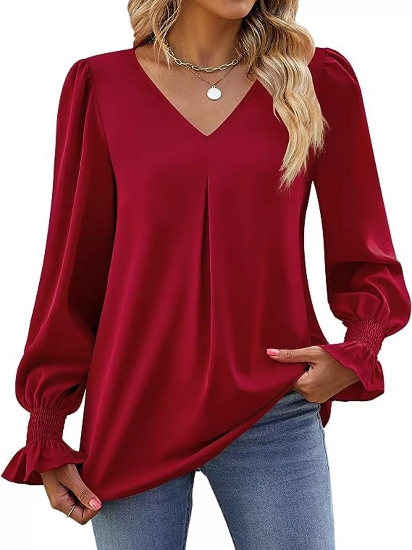 V-Neck Long Sleeve Ruffle Cuff Blouse