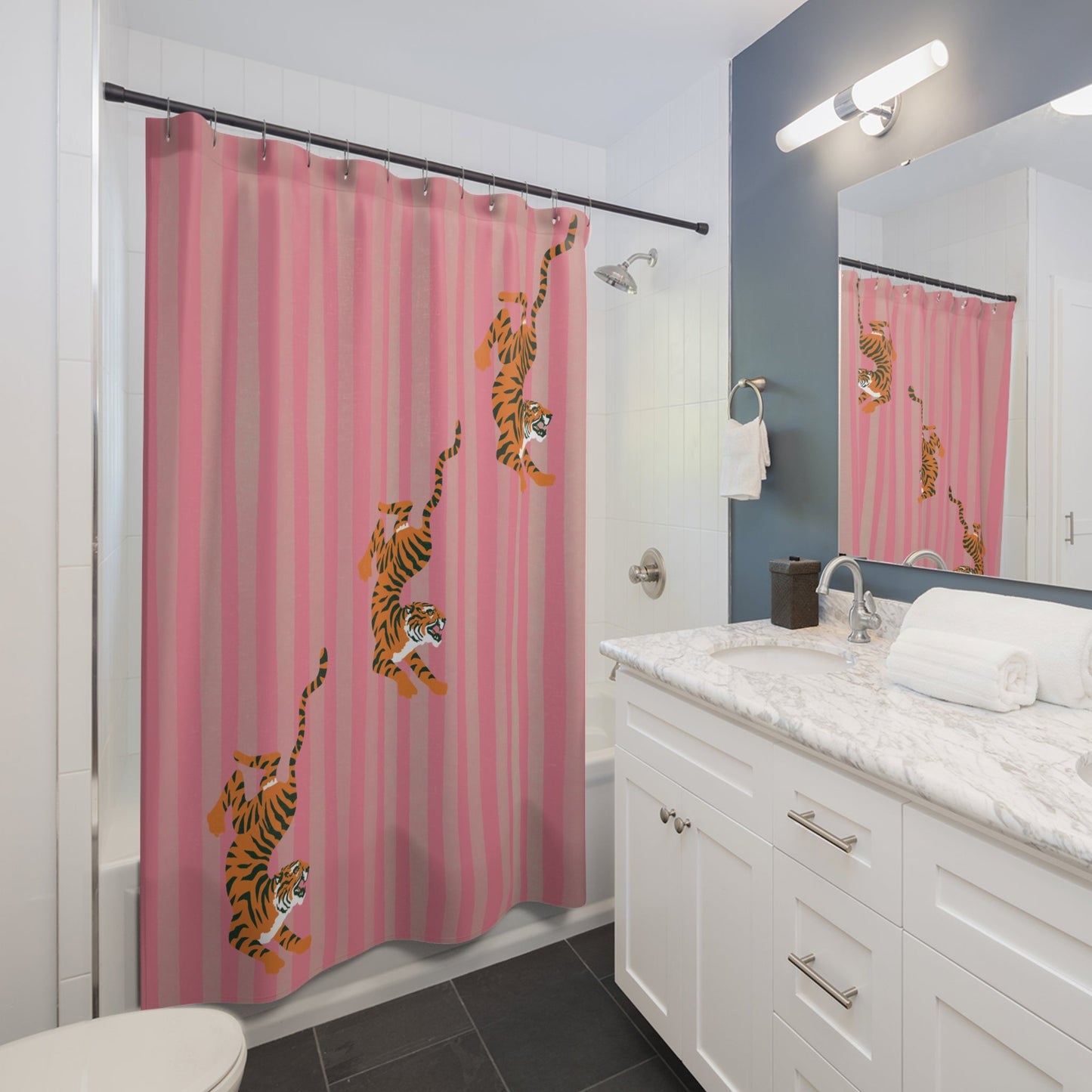 Pink Striped Tiger Shower Curtain — Fiercely Feminine Bathroom Decor