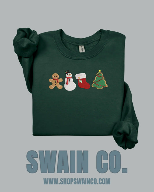 Embroidered Christmas Cookie Crewneck Sweatshirt | Gingerbread, Snowman, Stocking & Tree Embroidery | Holiday Sweatshirt | Cozy Christmas Gift