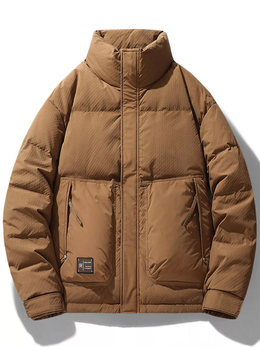 Men's Plus Size Stand Collar Puffer Jacket with Side Zipper Pockets