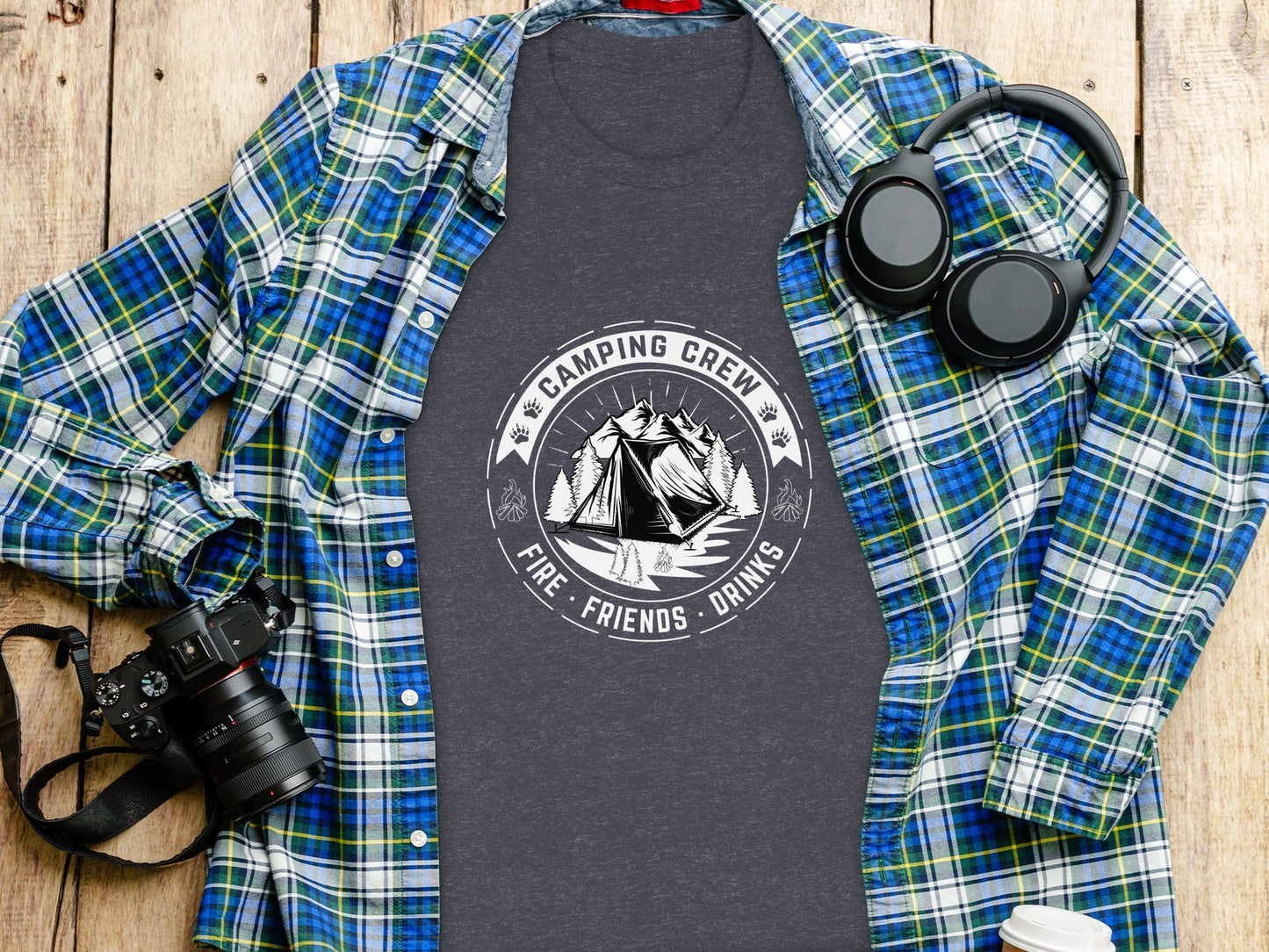 Camping Crew Friends Drinks Fire Tent Mountain Scene T-Shirt