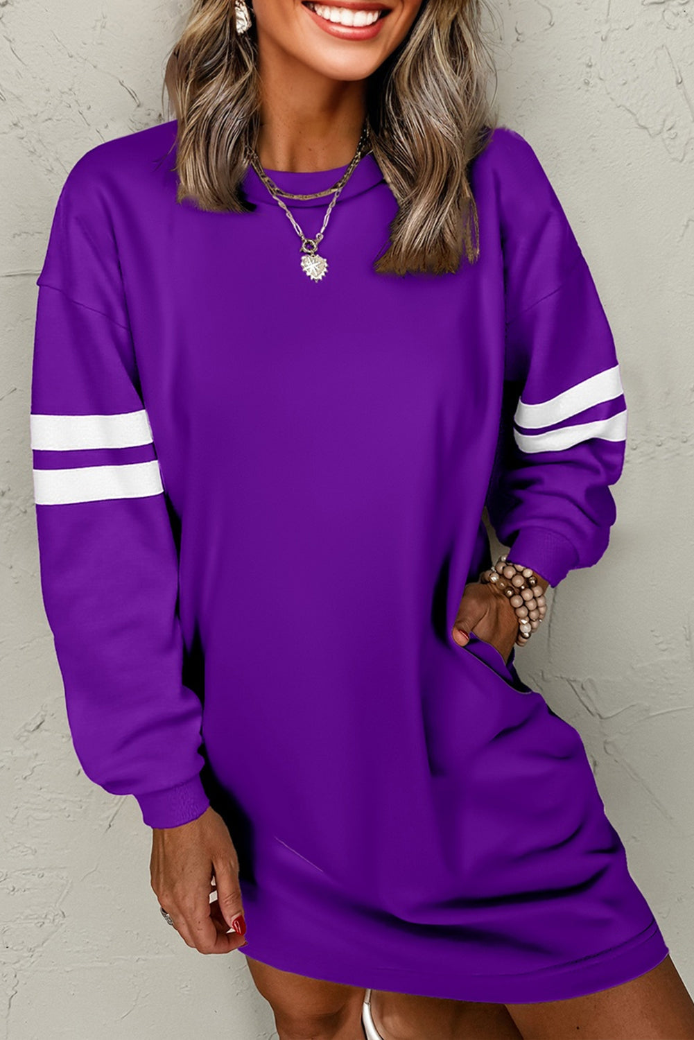 Fiery Red Varsity Contrast Banded Sleeve Shift Sweatshirt Dress