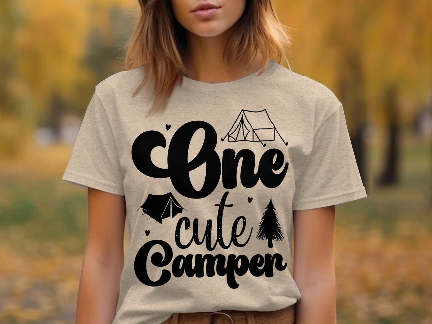 One Cute Camper Tent and Pine Tree Camping Design T-Shirt