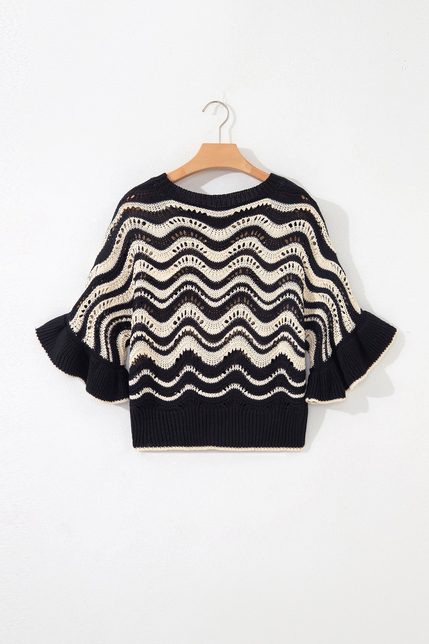 Black Stripe Wavy Crochet Eyelet Detail Ruffle Half Sleeve Sweater
