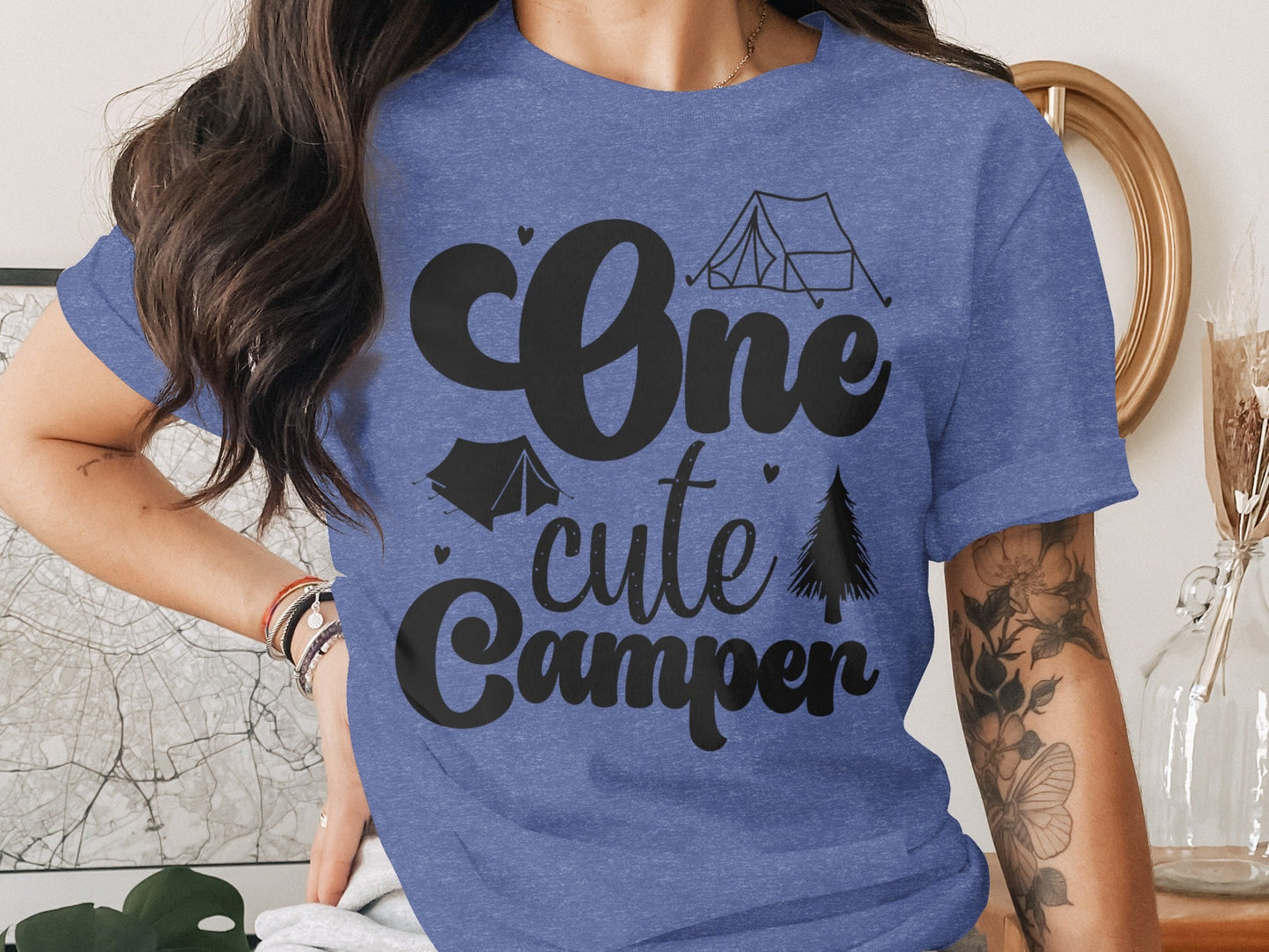 One Cute Camper Tent and Pine Tree Camping Design T-Shirt