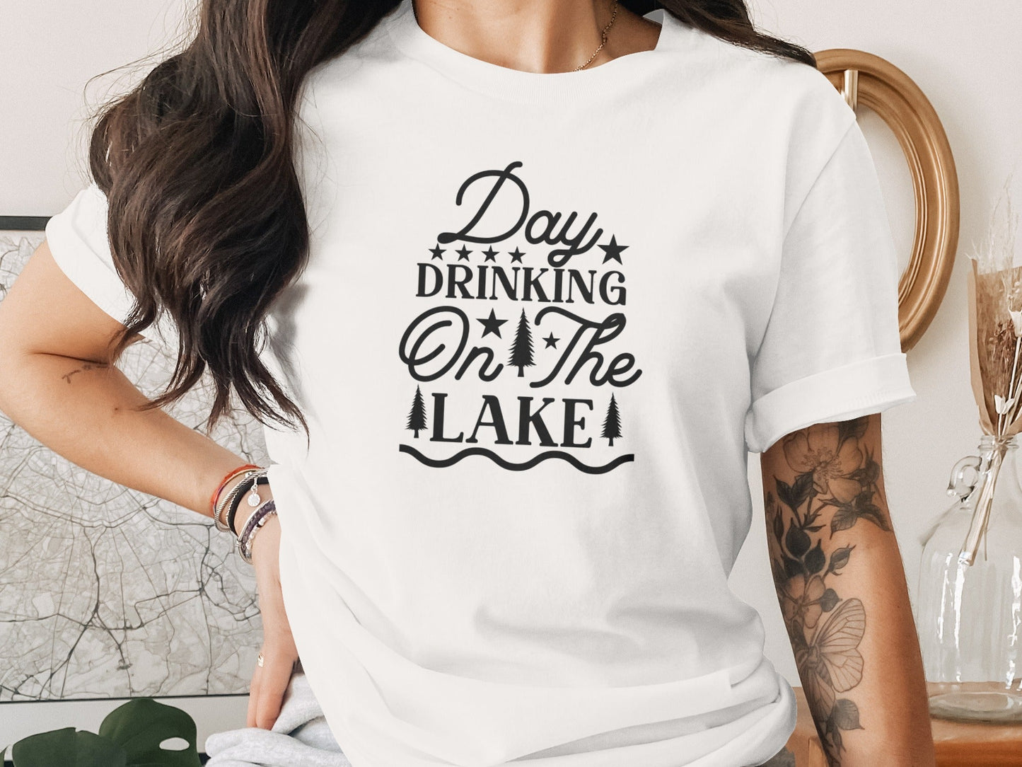 Day Drinking On The Lake Graphic Stars Trees T-Shirt