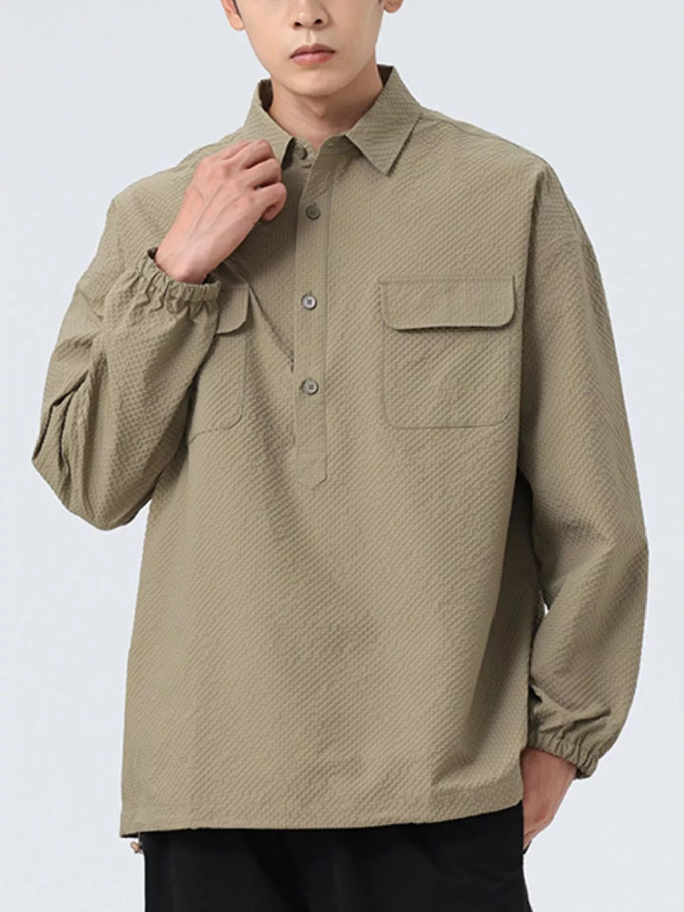 Men's Plus Size Button Detail Textured Relaxed Fit Polo