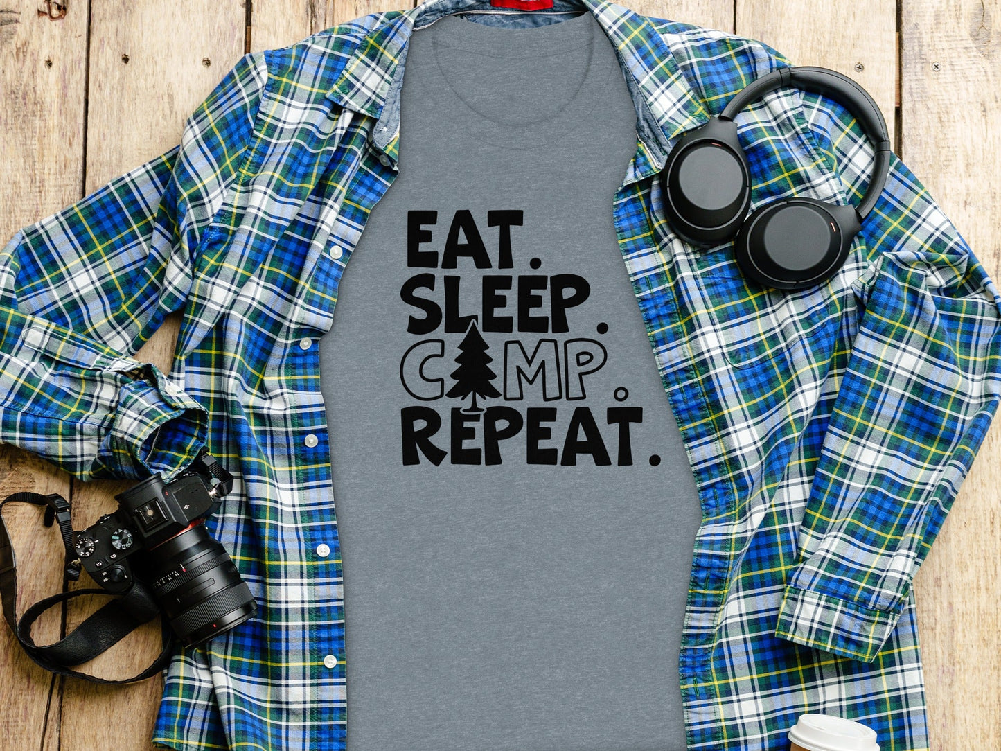 Eat Sleep Camp Repeat With Pine Tree Graphic T-Shirt