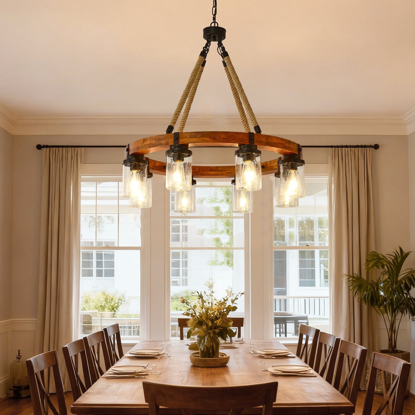 8 Light Rustic Wagon Wheel Chandelier, 31" Wooden Pendant Light with Seeded Glass Shade