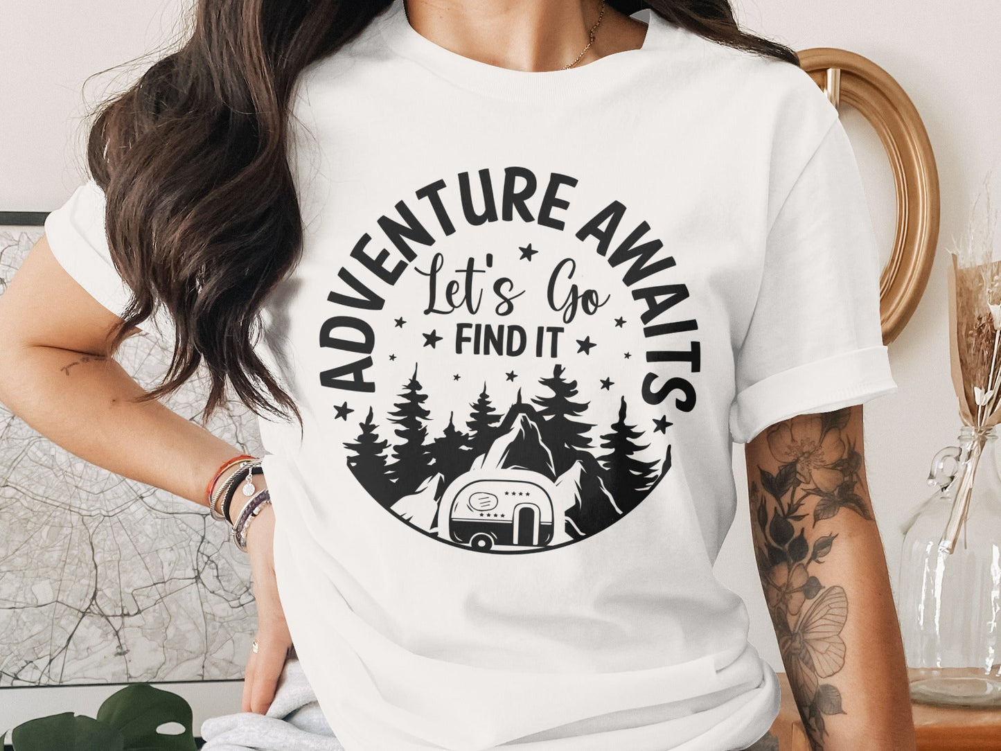Adventure Awaits Let's Go Find It Silhouette Camper T-Shirt