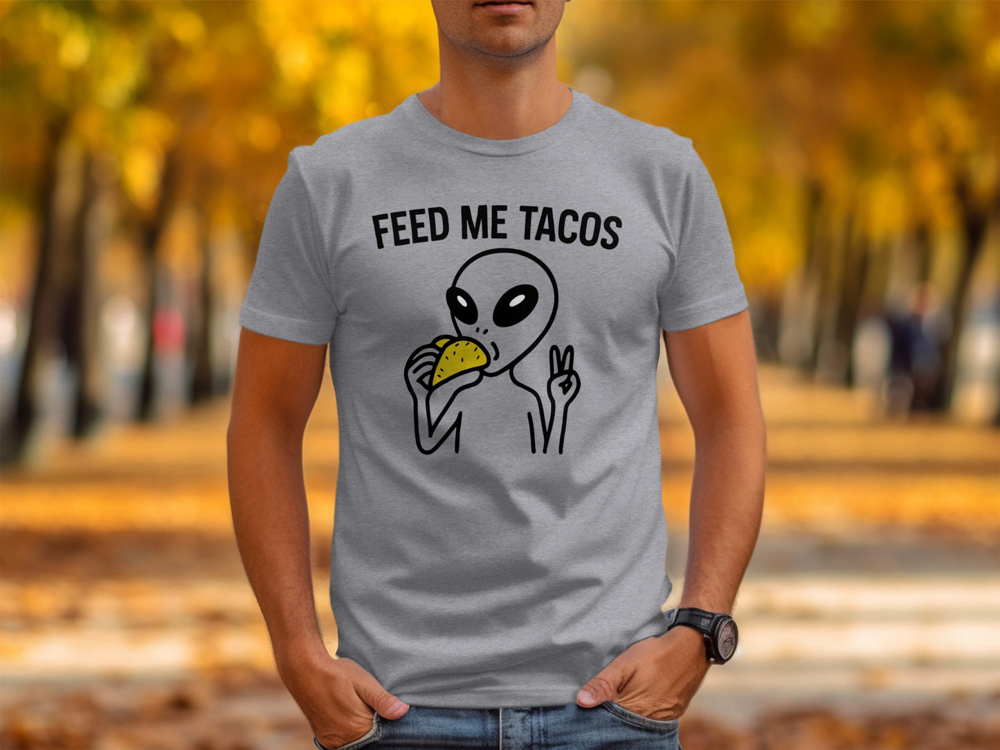 Feed Me Tacos Alien with Peace Sign Funny T-Shirt