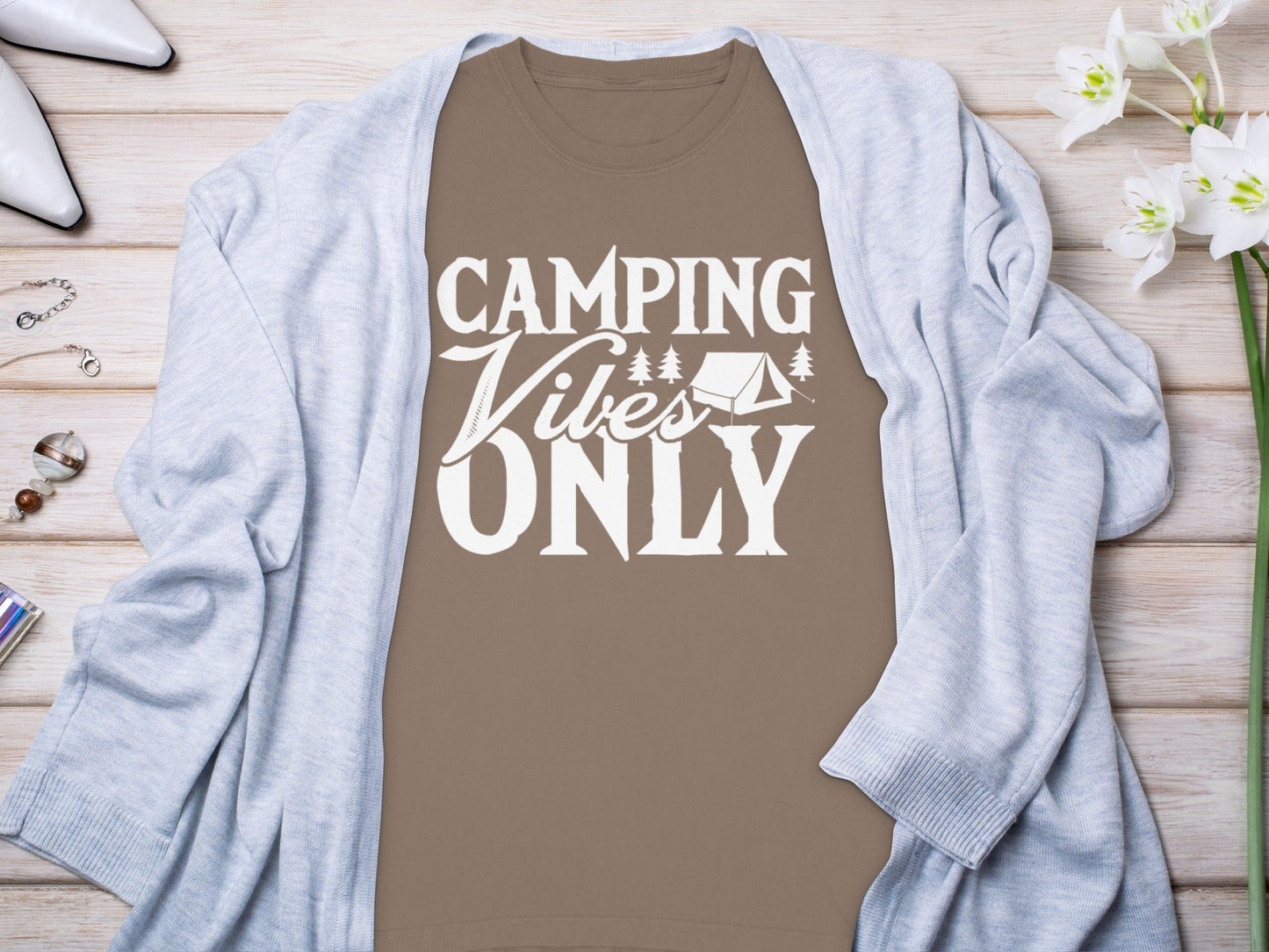 Camping Vibes Only With Tent Graphic Summer Fun Long Sleeve T-Shirt