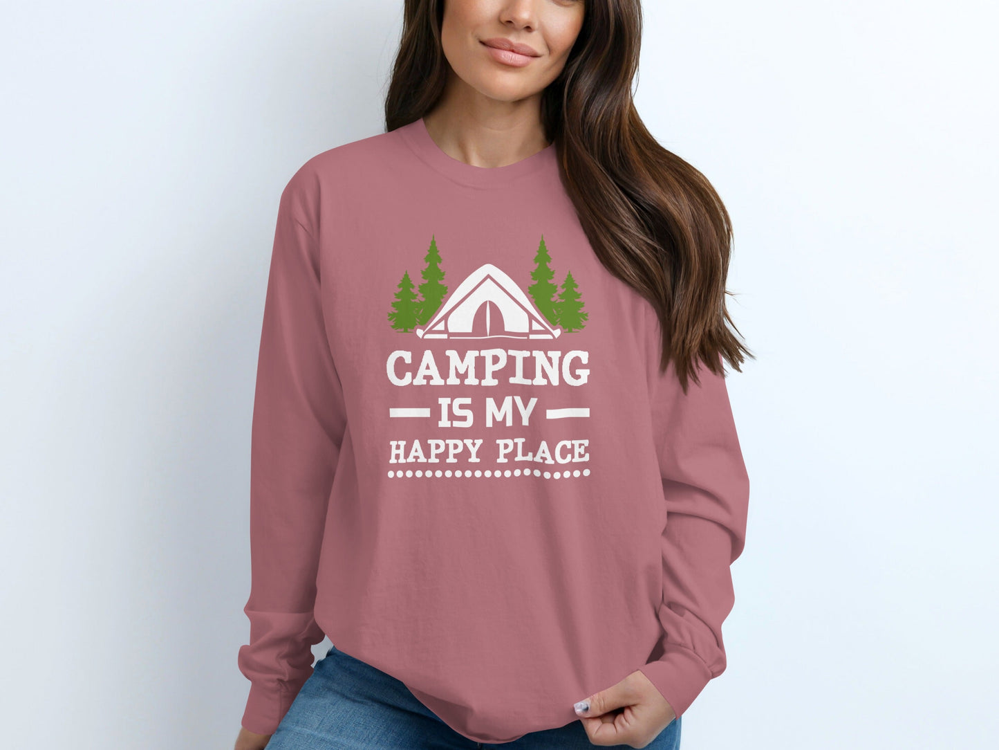 Camping Is My Happy Place Tent Trees Graphic Long Sleeve T-Shirt