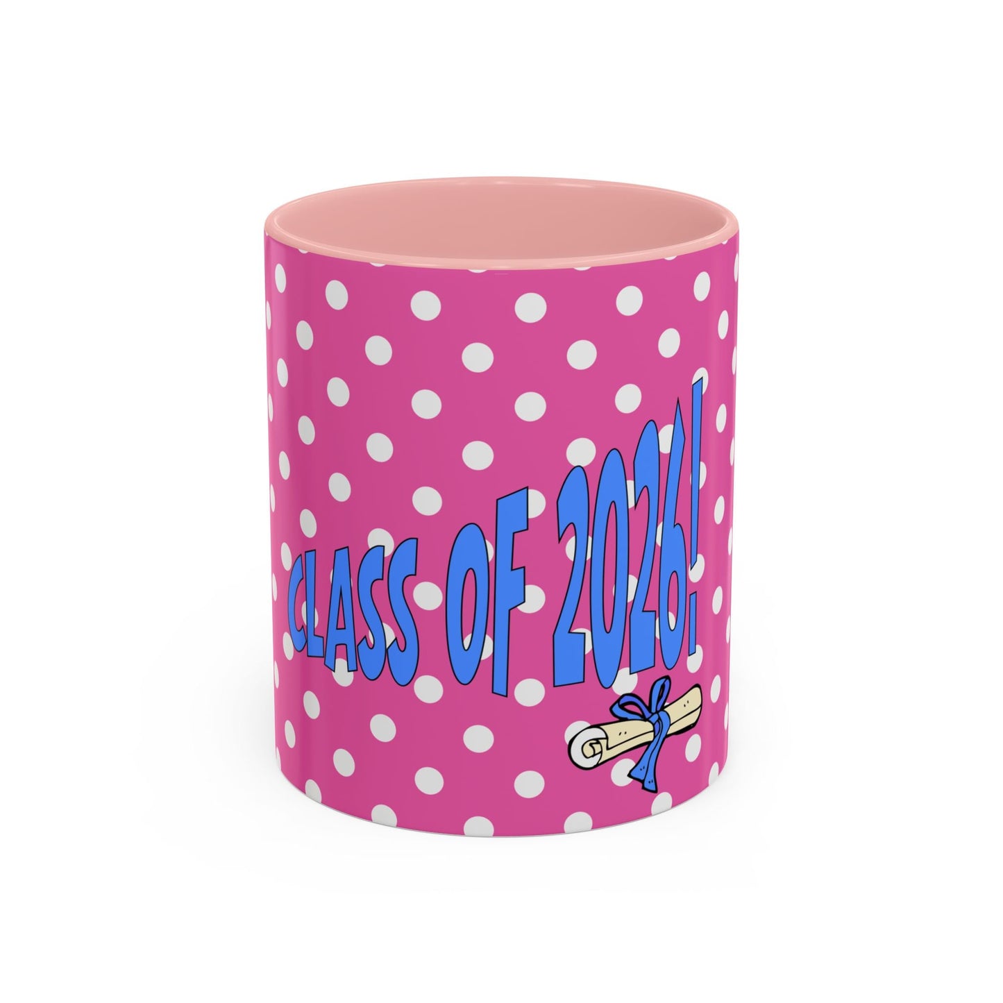 'Class of 2026' Pink Polka Dot Accent Mug, Fun Graduation Gift