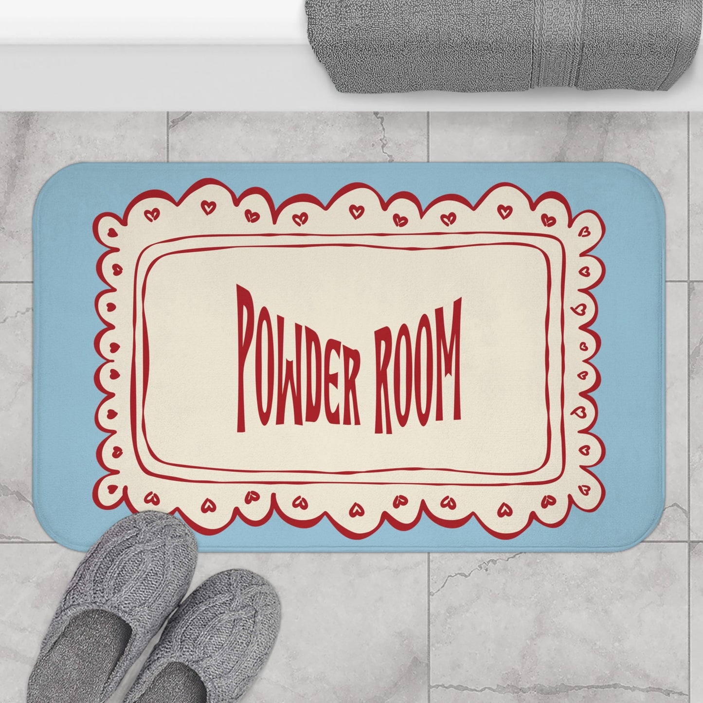 Powder Room Bath Mat | Pastel Blue Vintage Lace Doily Bathroom Rug