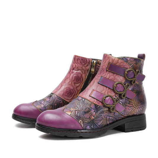 Retro Handmade Leather Painted Floral Flats Boots