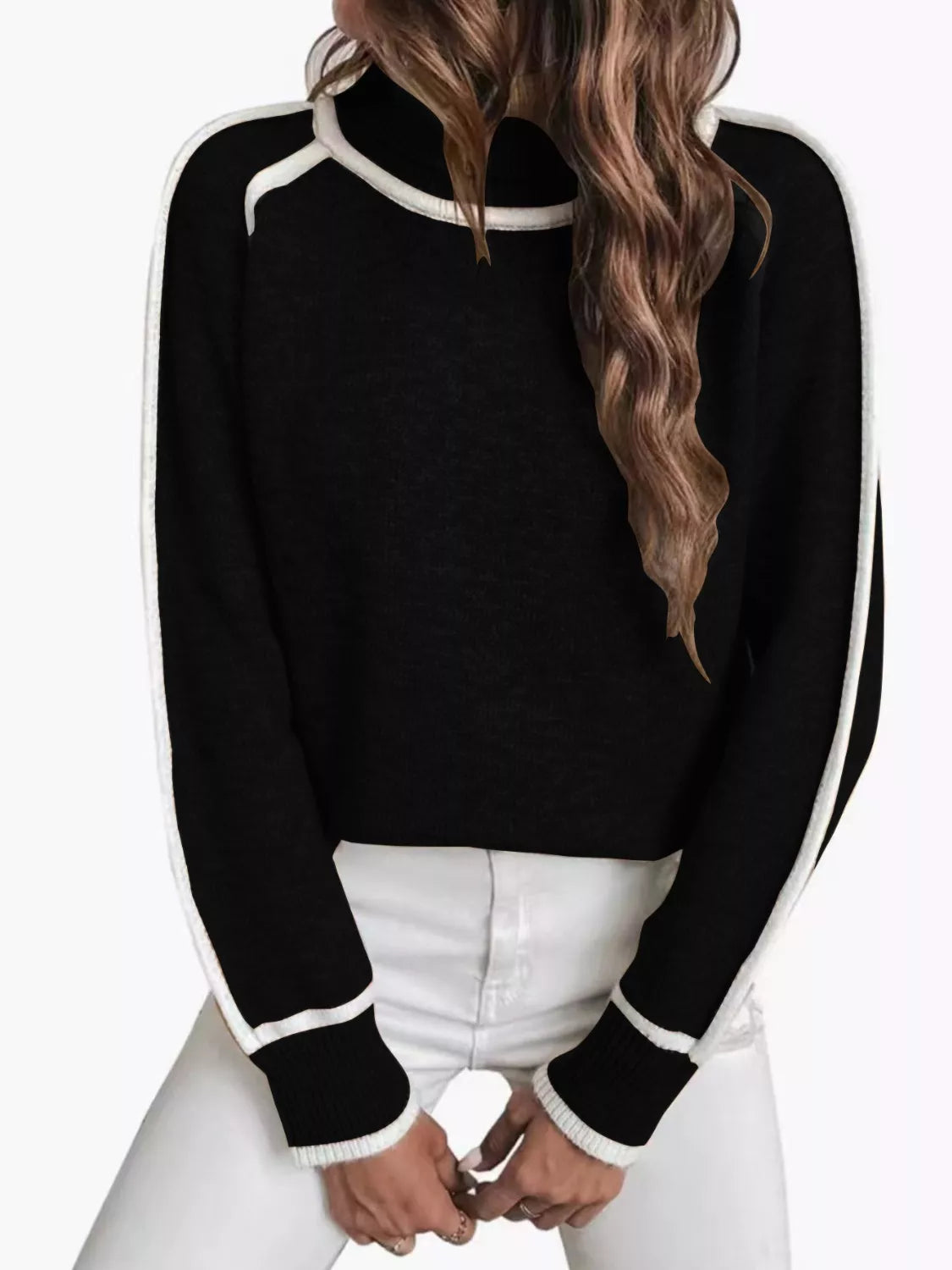 Full Size Turtleneck Contrast Trim Sweater Plus Size