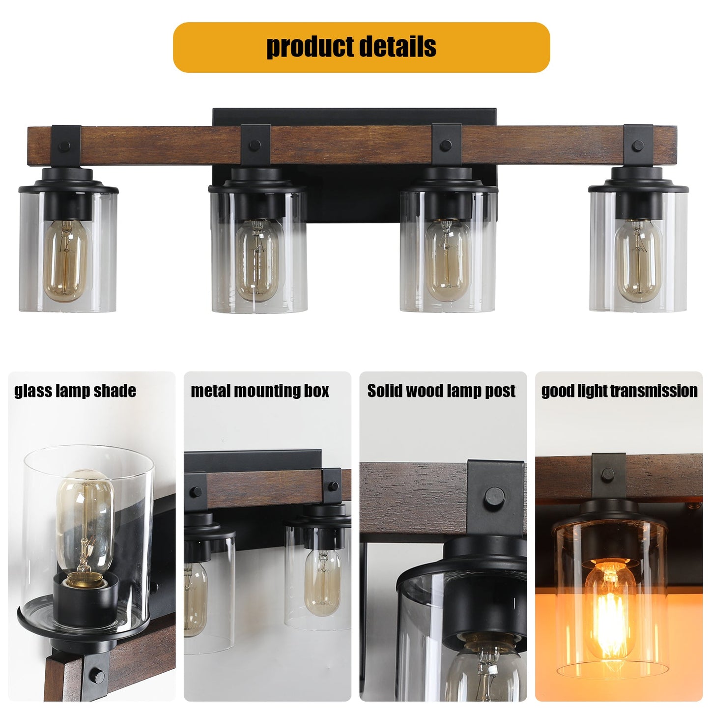 27" 4-Light Modern Farmhouse Bathroom Wall Sconce with Wood Accent