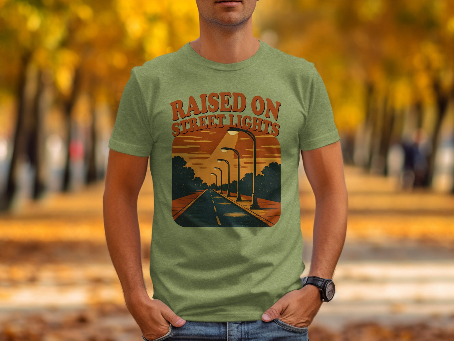 Raised On Street Lights Road Scene Graphic Design T-Shirt