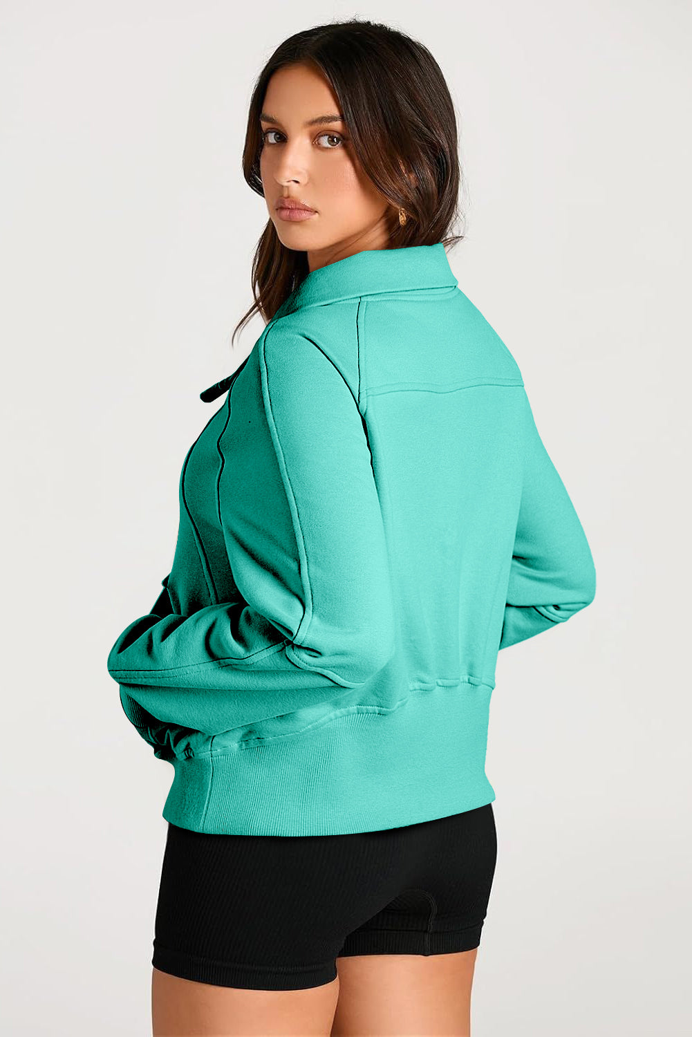Smoke Green Quarter Zip Stand Neck Kangaroo Pocket Sweatshirt