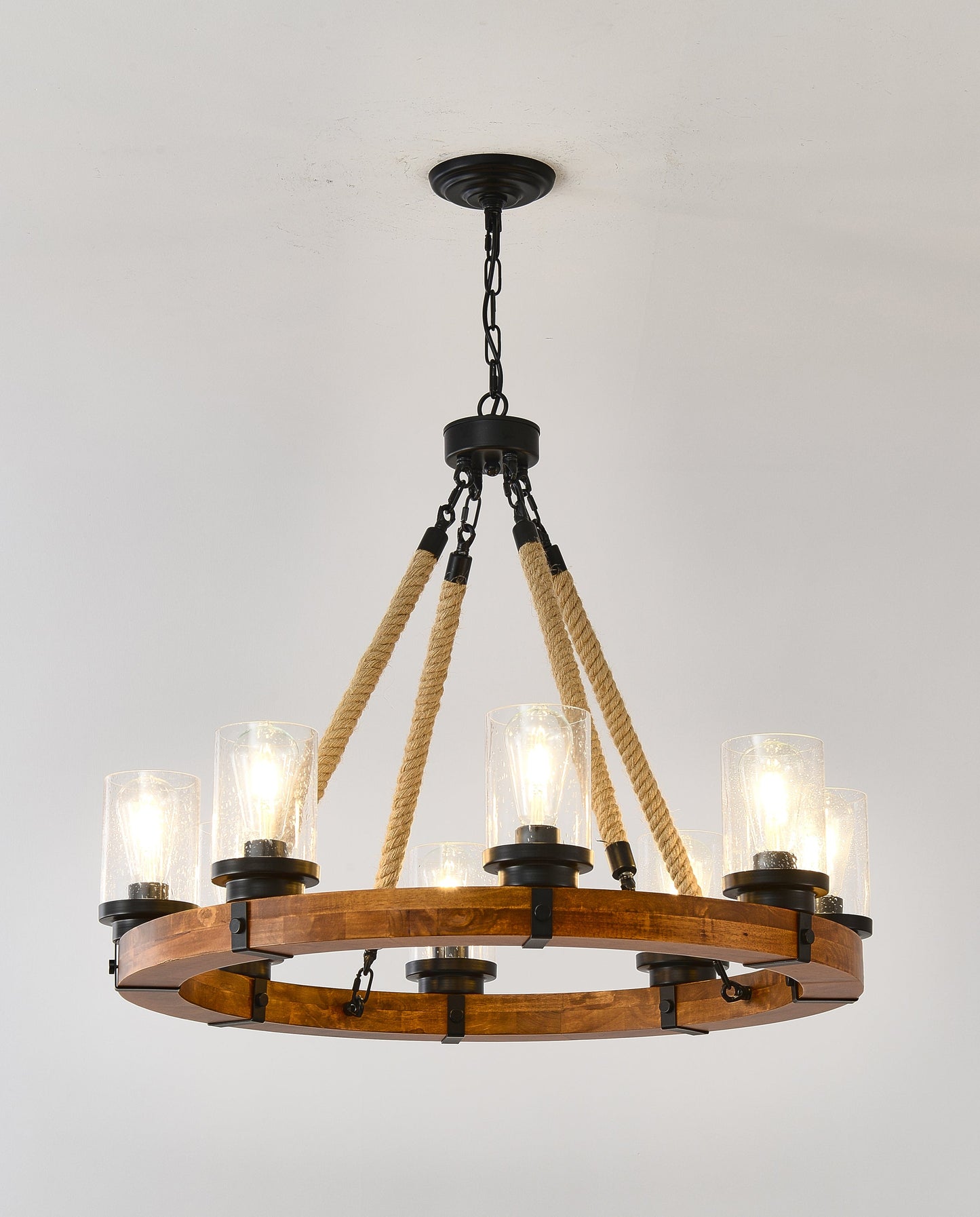 8 Light Rustic Wagon Wheel Chandelier, 31" Wooden Pendant Light with Seeded Glass Shade