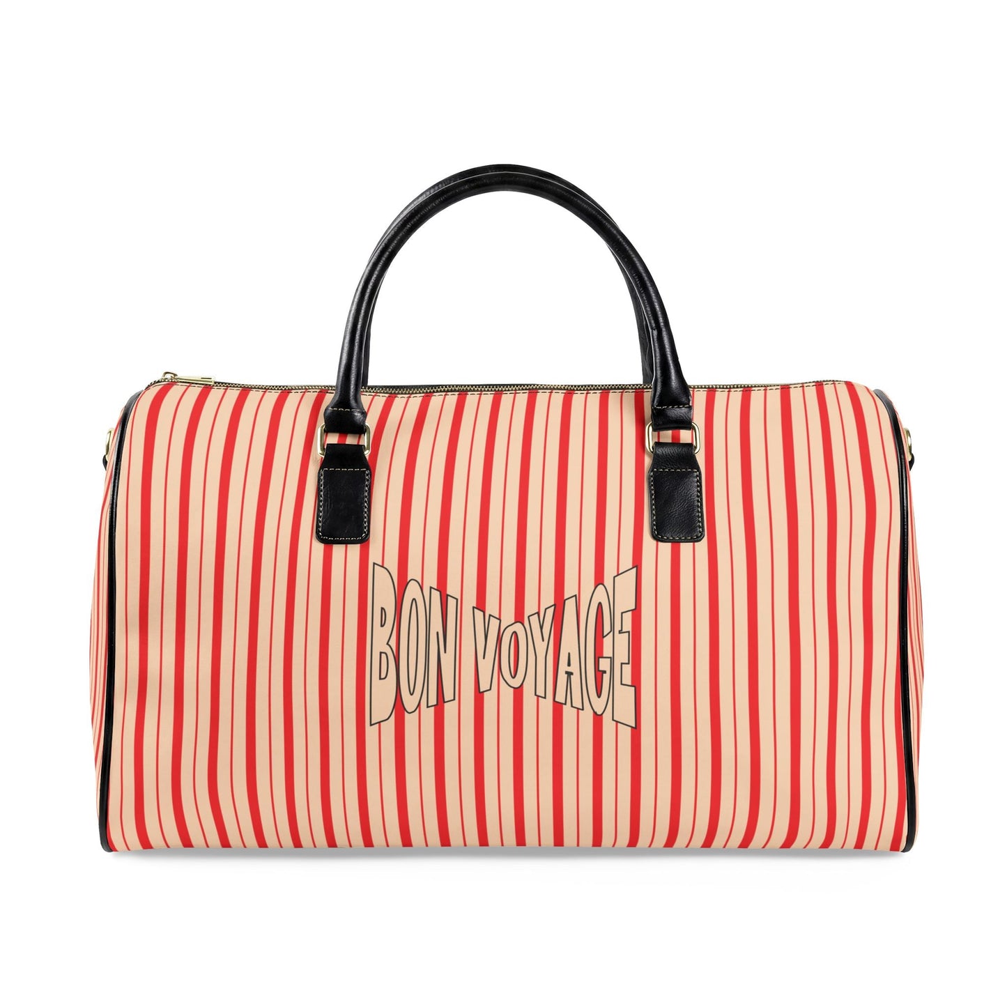 Modern Preppy Leather Travel Bag, BON VOYAGE – RED Striped Weekender Duffle