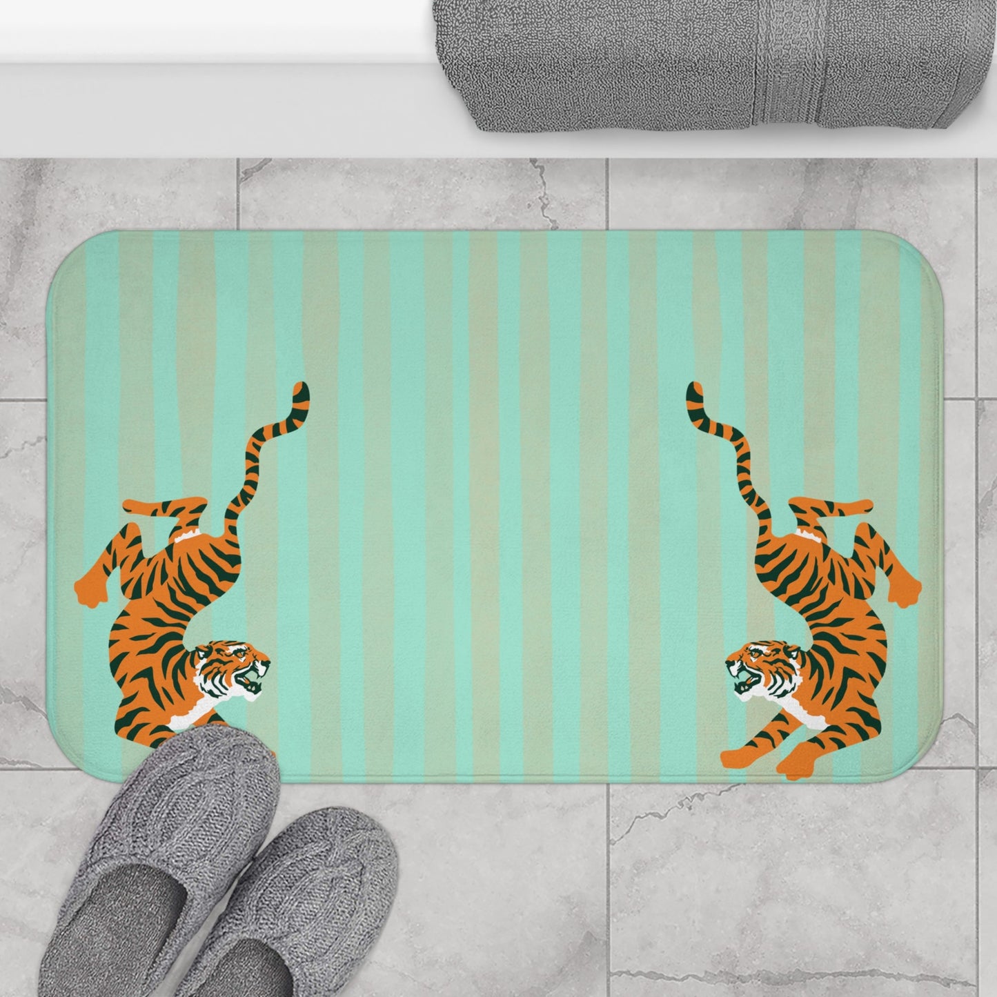 Fiercely Feminine Bath Mat - Pastel Turquoise Striped  Rug with Tigers