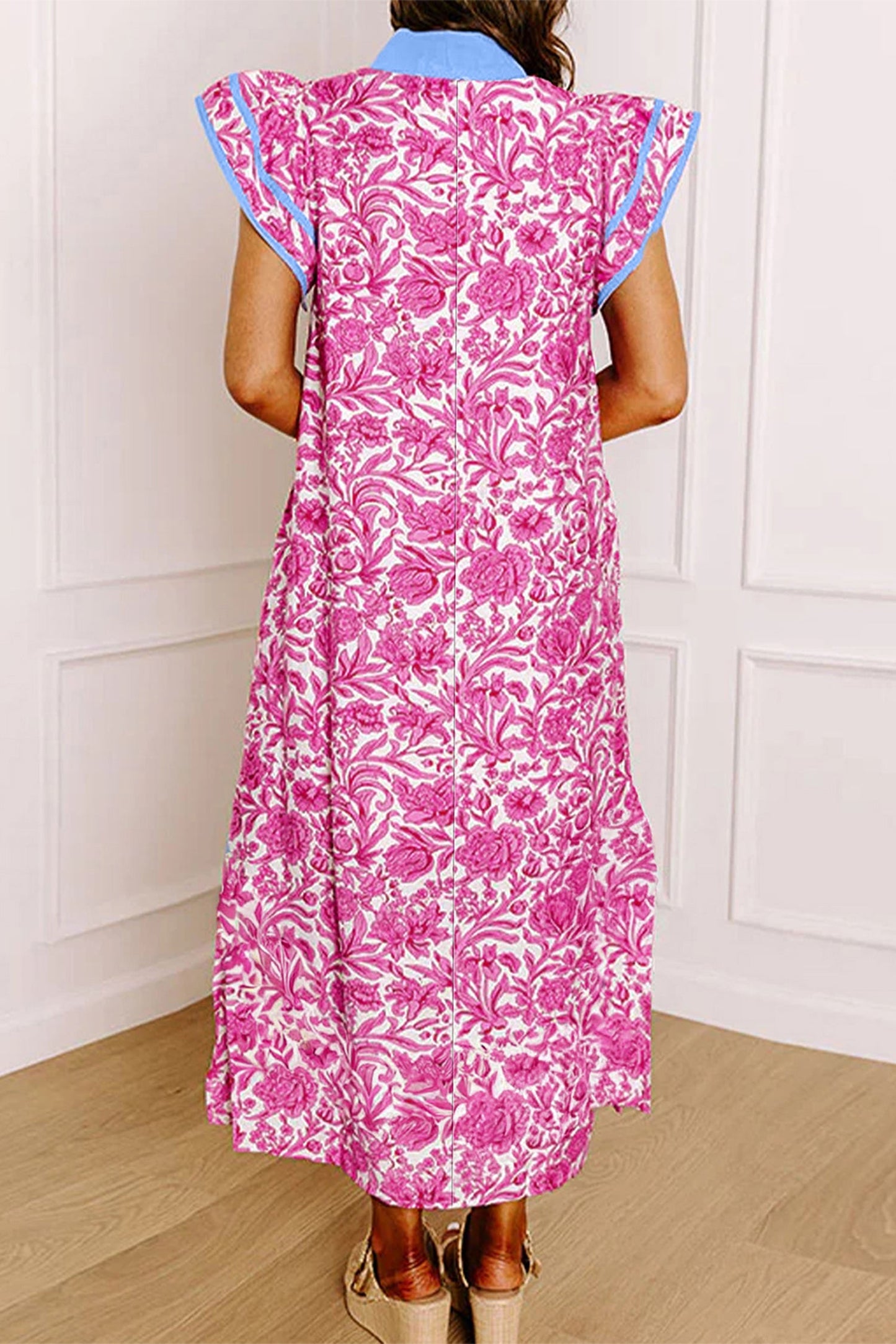 Pink Floral Print Color Block Patchwork V Neck Short Sleeve Midi Dress