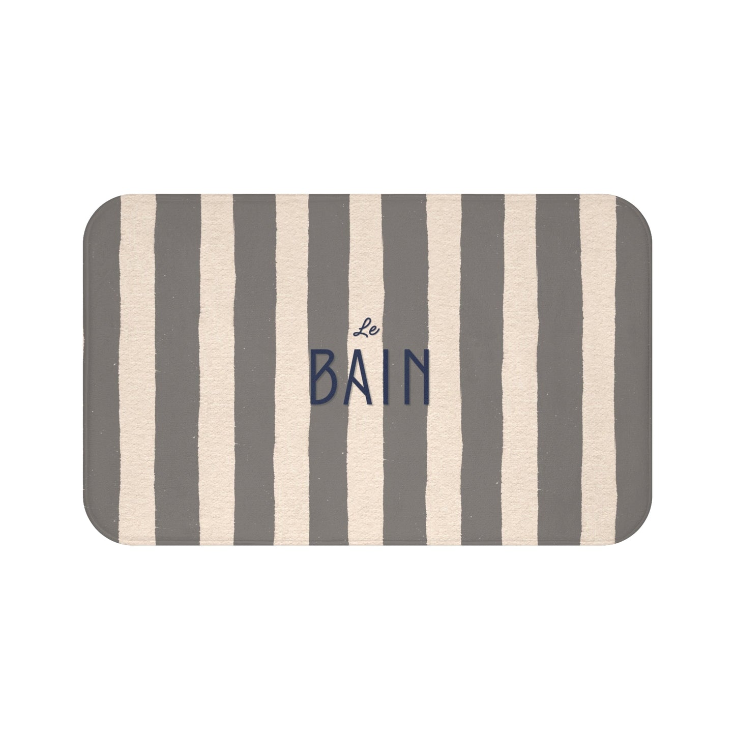 Le Bain Striped Bathroom Bath Mat — French Script, Neutral Grey & Cream