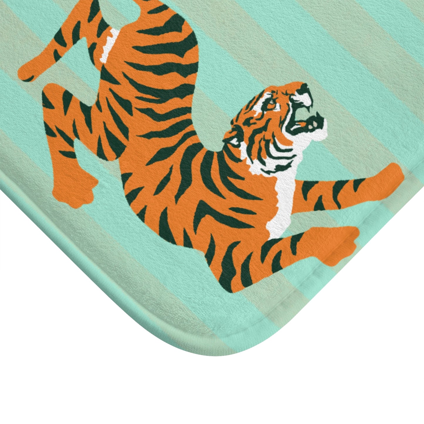 Fiercely Feminine Bath Mat - Pastel Turquoise Striped  Rug with Tigers