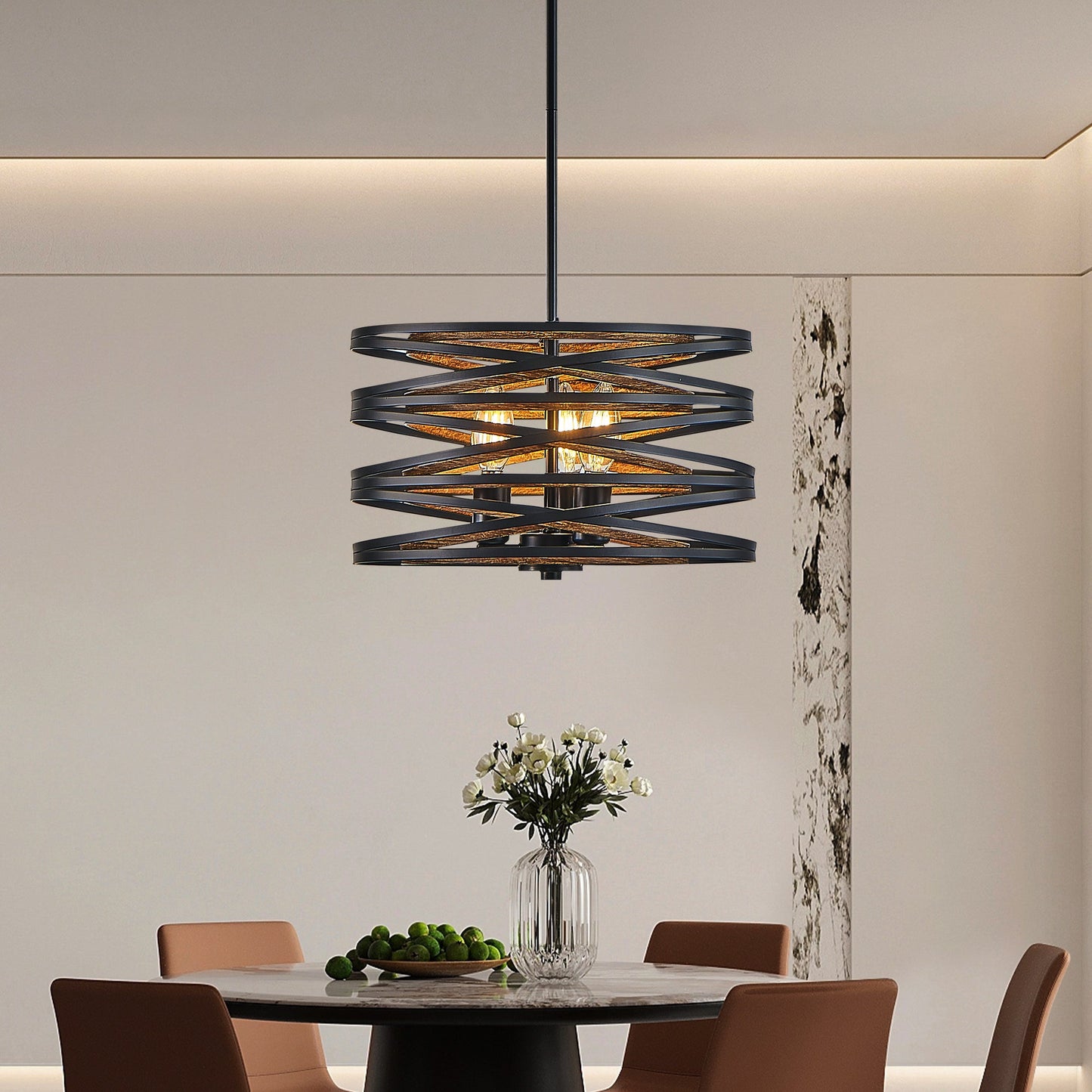 13" Rustic Industrial Pendant Light, 3-Light Black and Walnut Metal Cage Chandelier with Wood Accents