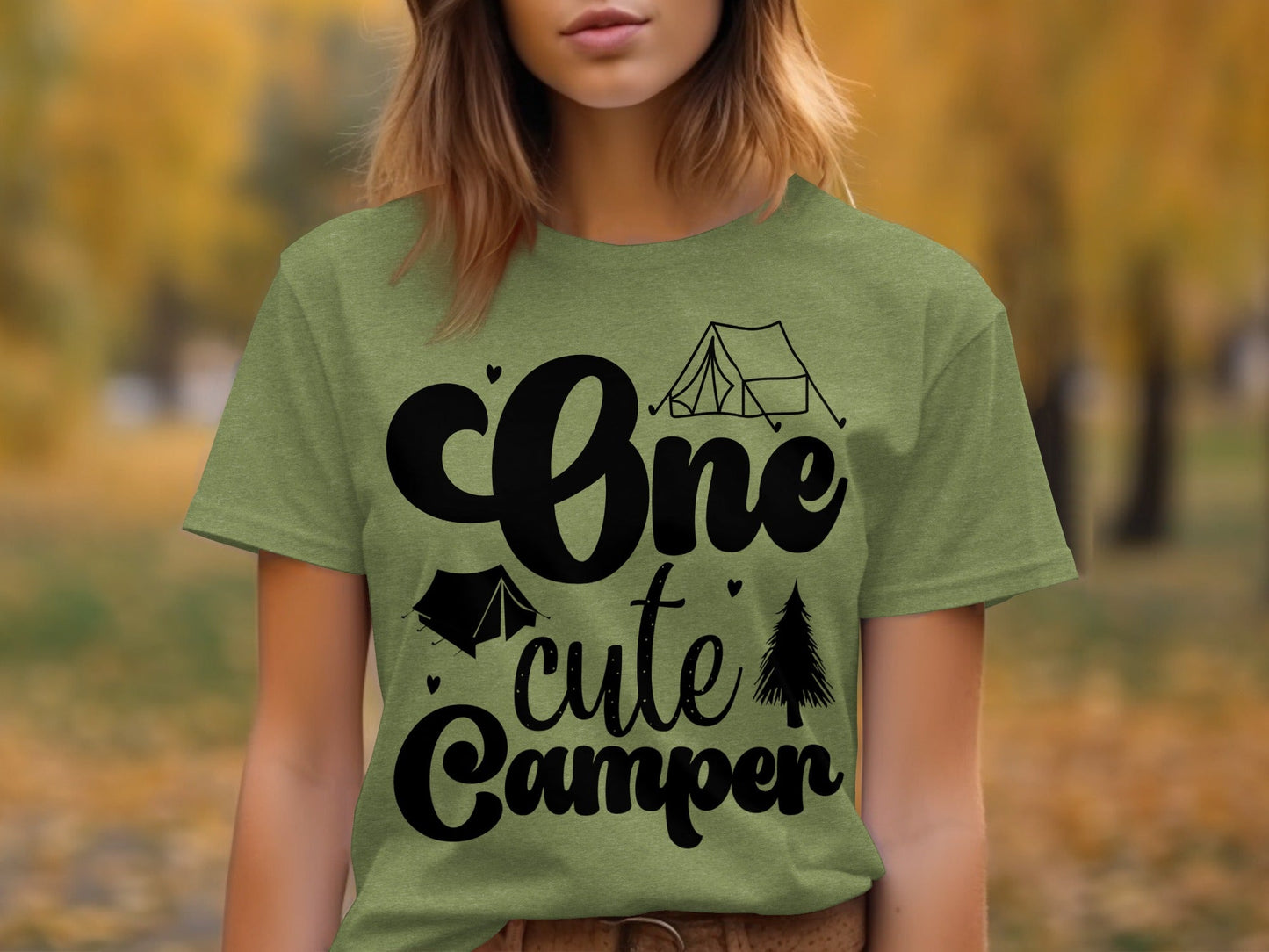 One Cute Camper Tent and Pine Tree Camping Design T-Shirt