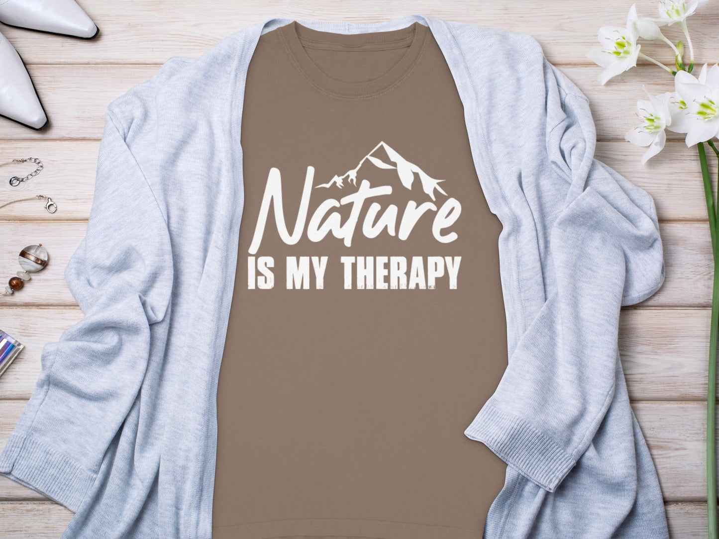 Nature Is My Therapy Mountain Graphic Text Long Sleeve T-Shirt