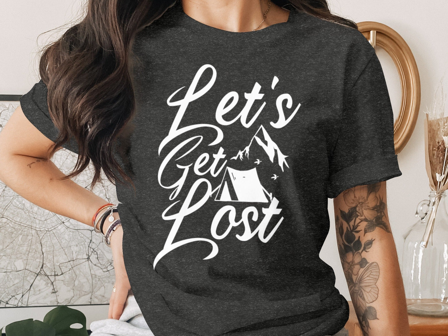 Lets Get Lost Tent and Mountain Graphic Design T-Shirt