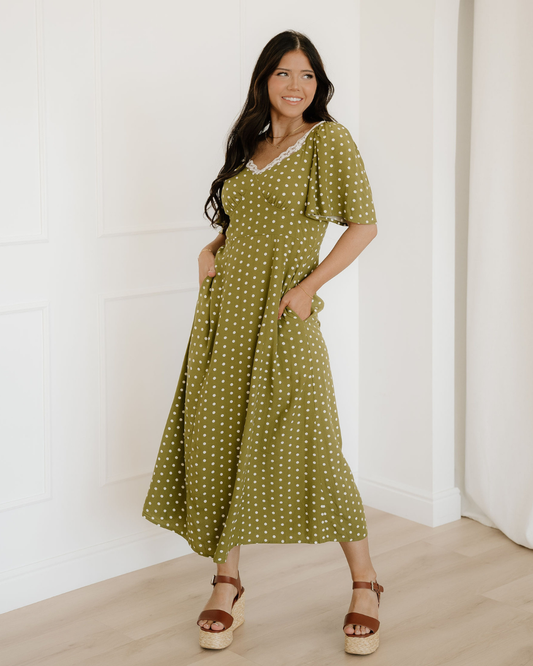 Maleah Polka Dot Print Lacy Neckline Smocked High Waist Maxi Dress