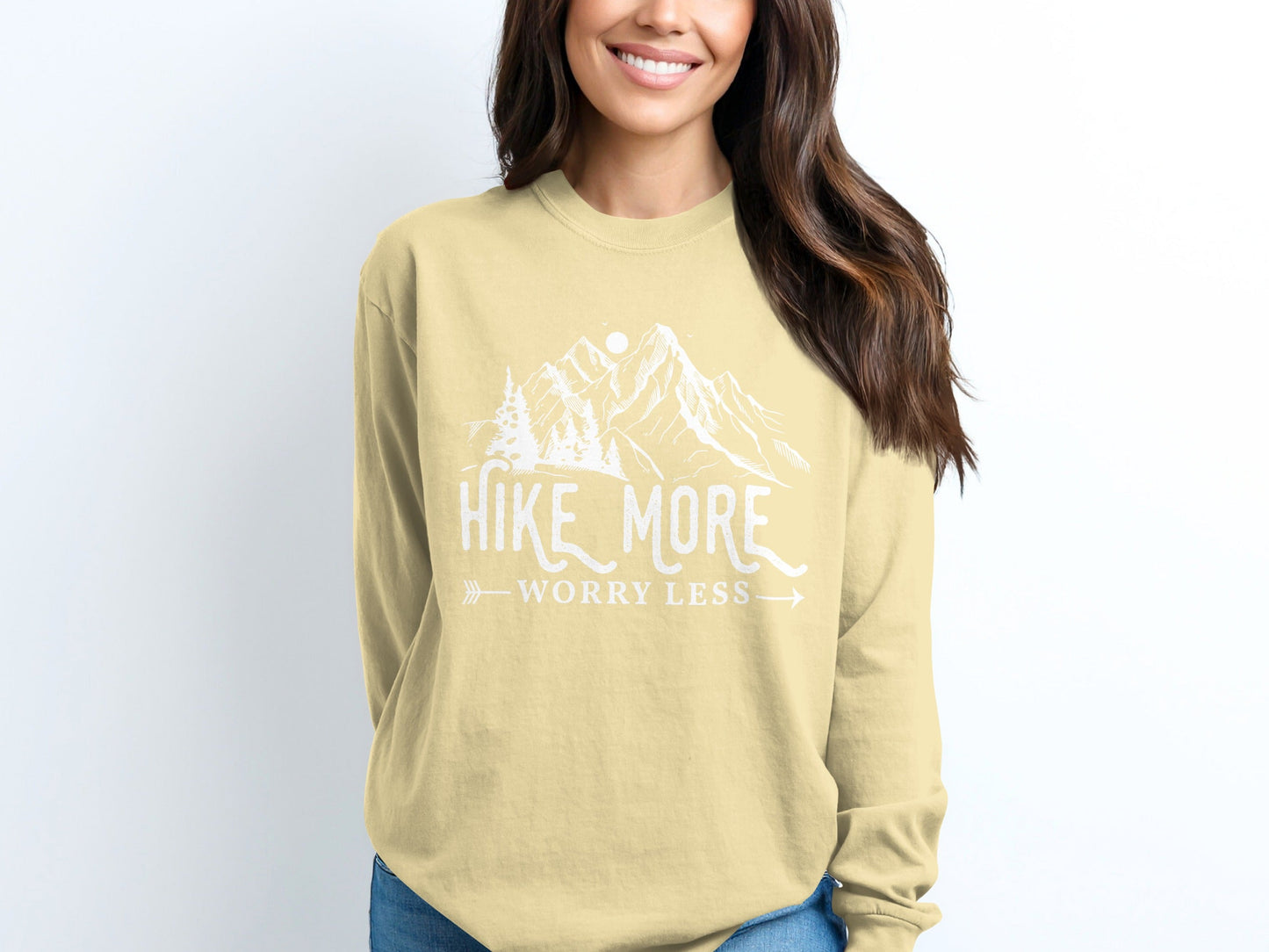 Hike More Worry Less Mountain Design Funny Outdoor Long Sleeve T-Shirt